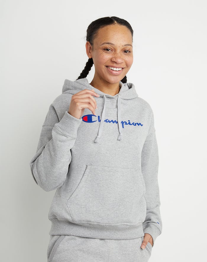 Champion Womens Hoodie NZ - Powerblend Fleece Relaxed Script Logo Grey ( 6047-NPWGH )